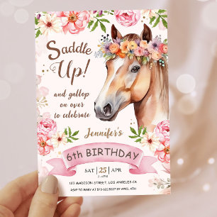Invitación Chicas Caballo 6 de Cumpleaños Floral Saddle Up!