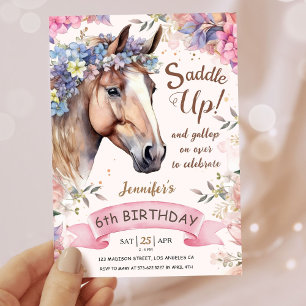 Invitación Chicas Caballo 6 de Cumpleaños Floral Saddle Up!