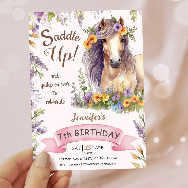 Invitación Chicas Caballo 7 Cumpleaños Caballo Morado Floral  (Subido por el creador)