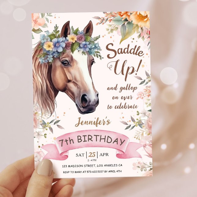 Invitación Chicas Caballo 7 cumpleaños silla de flores rosada (Subido por el creador)
