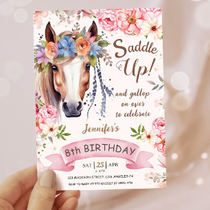 Invitación Chicas Caballo 8 cumpleaños Novia Floral Rosa