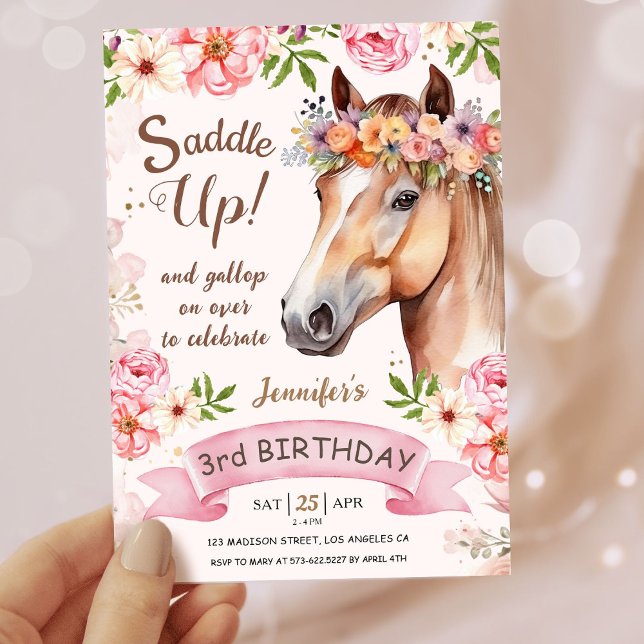Invitación Chicas Caballo de Tercer Cumpleaños Floral Saddle  (Subido por el creador)