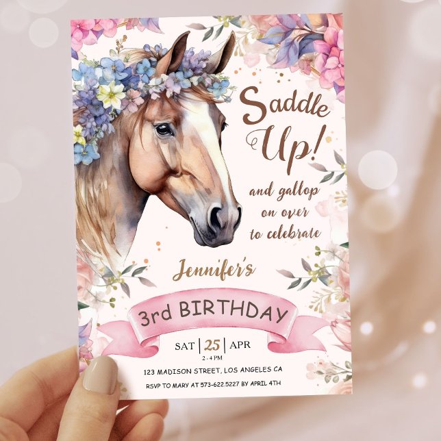 Invitación Chicas Caballo de Tercer Cumpleaños Floral Saddle  (Subido por el creador)