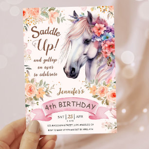 Invitación Chicas Caballos 4 Años Flores Rosa ¡Ensillan!