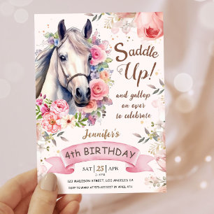 Invitación Chicas Caballos 4° florecientes de cumpleaños mont