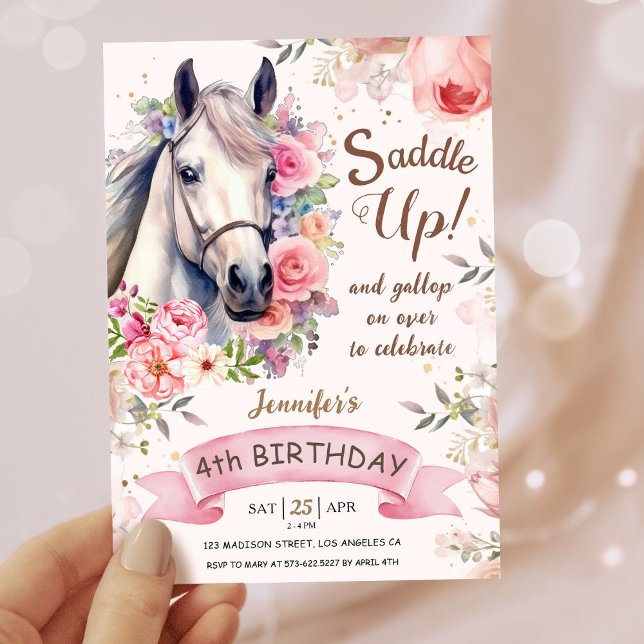 Invitación Chicas Caballos 4° florecientes de cumpleaños mont (Subido por el creador)