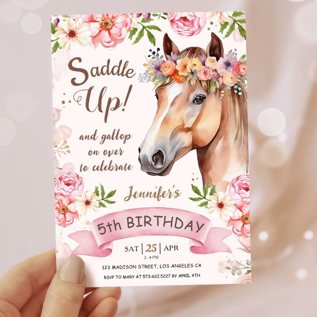 Invitación Chicas Caballos 5 Años Floral Saddle Up! (Subido por el creador)