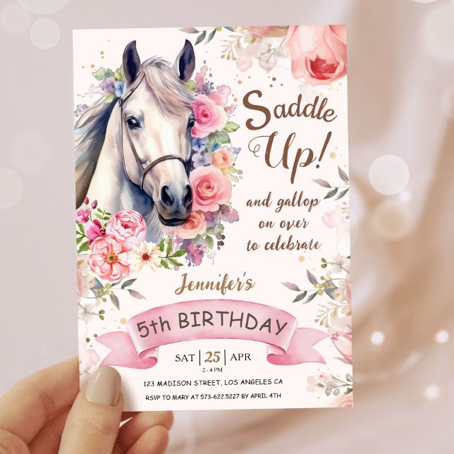 Invitación Chicas Caballos 5 años Flores de flores de floreci (Subido por el creador)