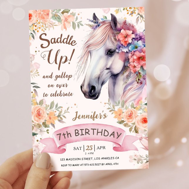 Invitación Chicas Caballos 7 Años Flores Rosa ¡Ensillan! (Subido por el creador)
