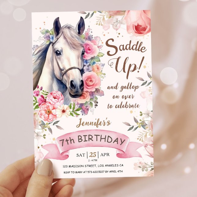Invitación Chicas Caballos 7° cumpleaños Flores de flores de  (Subido por el creador)