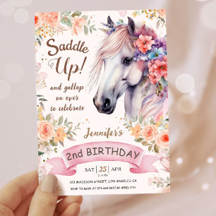 Invitación Chicas Caballos de Flores Rosa de Segundo Cumpleañ
