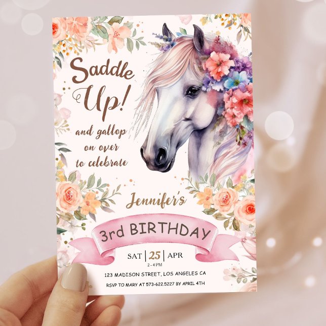 Invitación Chicas Caballos de Flores Rosadas de Tercer Cumple (Subido por el creador)