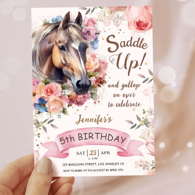 Invitación Chicas Caballos Quinto Cumpleaños Cowgirl Saddle U (Subido por el creador)