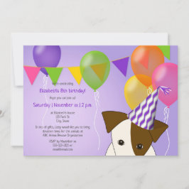 Invitación chicas cachorro cumpleaños globos morados multicol