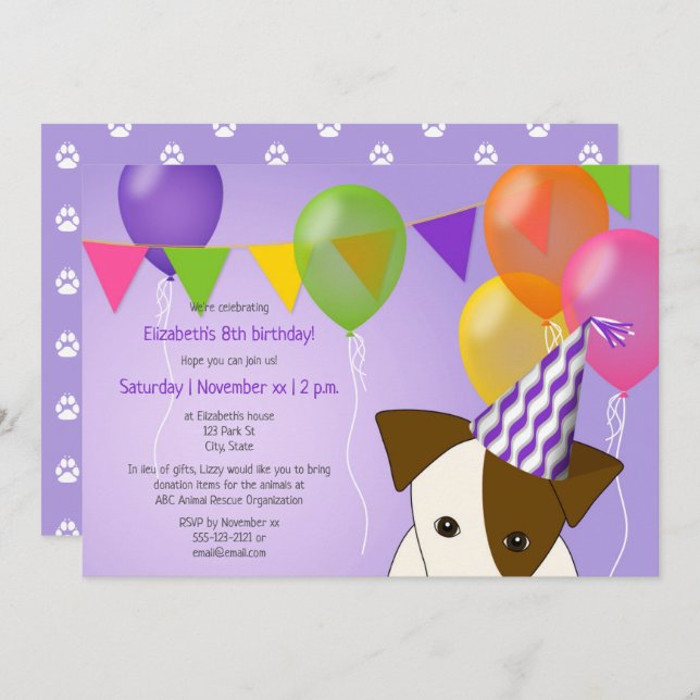 Invitación chicas cachorro cumpleaños globos morados multicol (Anverso / Reverso)