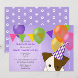 Invitación chicas cachorro cumpleaños globos morados multicol