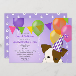 Invitación chicas cachorro cumpleaños globos morados multicol
