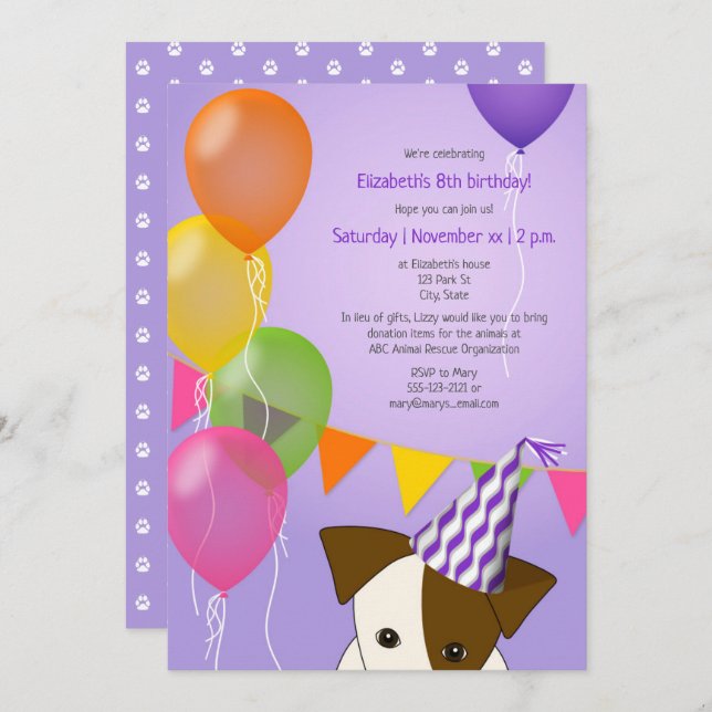 Invitación chicas cachorro cumpleaños globos morados multicol (Anverso / Reverso)