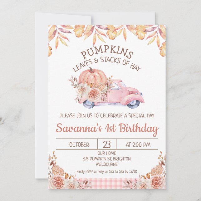 Invitación Chicas Camión de calabaza Aniversario Floral del F (Anverso)