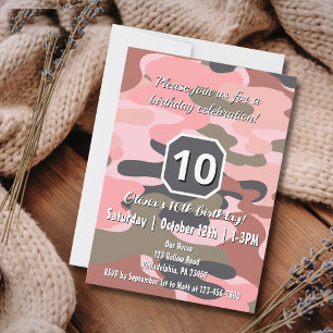 Invitación Chicas Camo Rosa Fiesta de Cumpleaños Personalizab