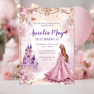 Invitación Chicas caprichosos Princesa Rosa y Oro Cumpleaños