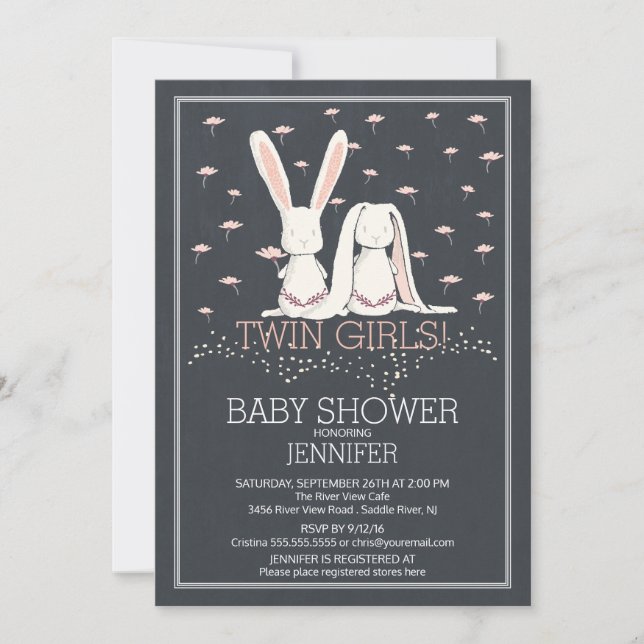 Invitación Chicas Chalkboard Sweet TWIN Bunny Baby Shower (Anverso)