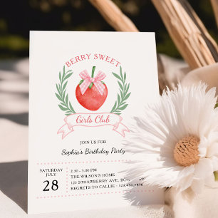 Invitación Chicas Club Fresa Dulce Cumpleaños con Lazo de Fre
