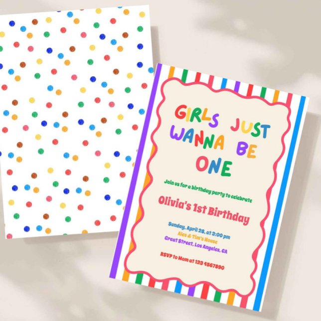 Invitación Chicas Coloridas Solo Quieren Ser Cumpleaños Uno (Girls Just Wanna Be One Birthday Invitation, Rainbow First Birthday Invite, Colorful 1st Birthday Pa)