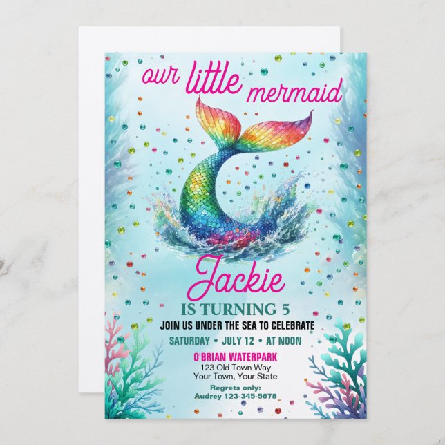 Invitación Chicas coloridos nuestro cumpleaños de sirena (Anverso / Reverso)
