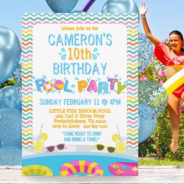 Invitación Chicas coloridos Splash Pool Fiesta Cumpleaños (Colorful Girls Splash Pool Party Birthday Invitation)