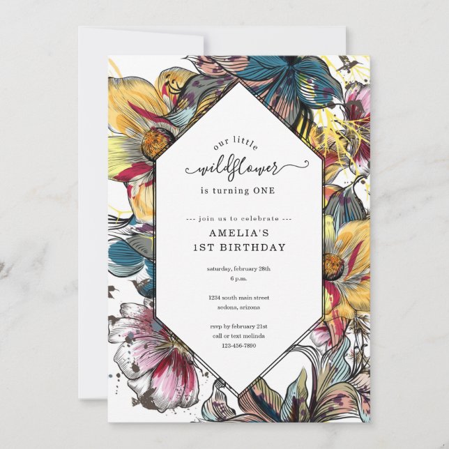Invitación Chicas coloridos únicos primero / primer Fiesta de (Anverso)