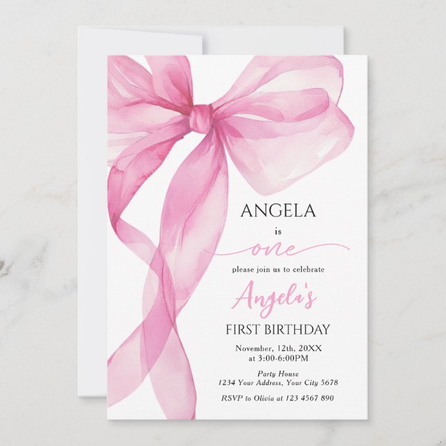 Invitación Chicas con Lazo Rosa Cumpleaños 1 (Anverso)
