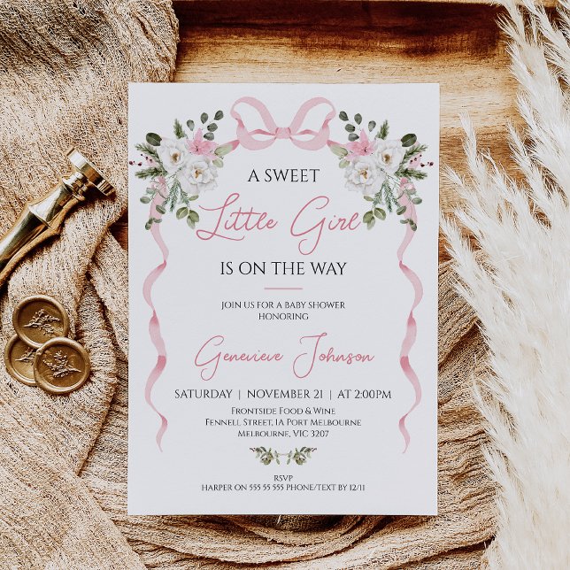Invitación Chicas Coquette Pink Bow Winter Floral Baby Shower (Coquette Bow Winter Floral Baby Shower Invitation Girl, Pink Bow Baby Shower Invitation, Winter Bow)