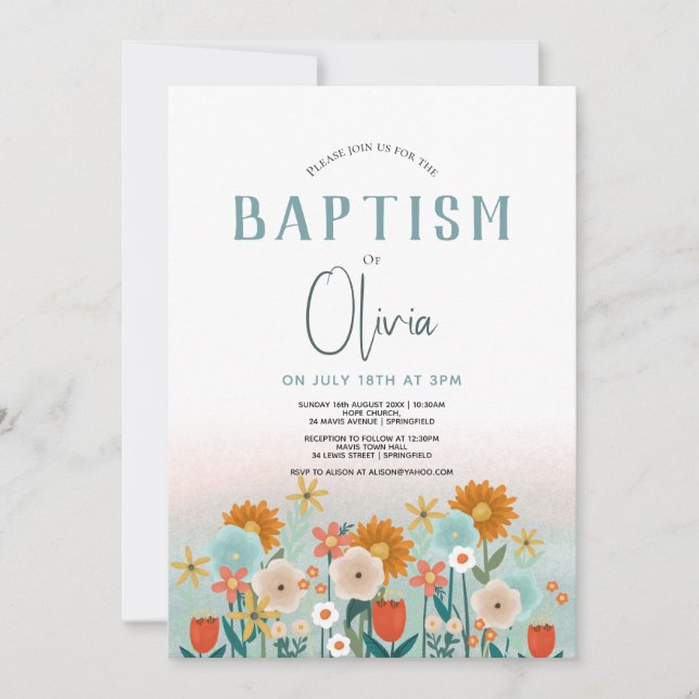 Invitación Chicas cortan bautismo floral baptismo cristiano (Anverso)