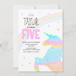 Invitación Chicas cortan el arcoiris unicornio cinco años
