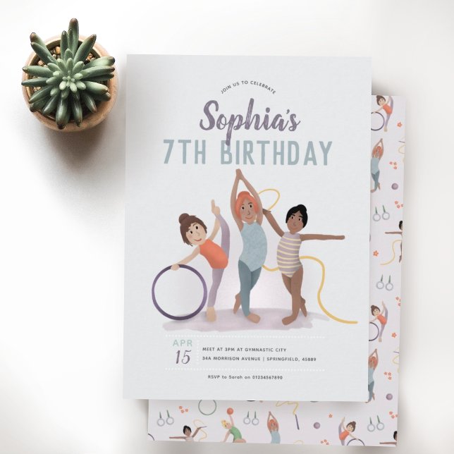 Invitación Chicas cortan la gimnasia púrpura 7 cumpleaños (Subido por el creador)