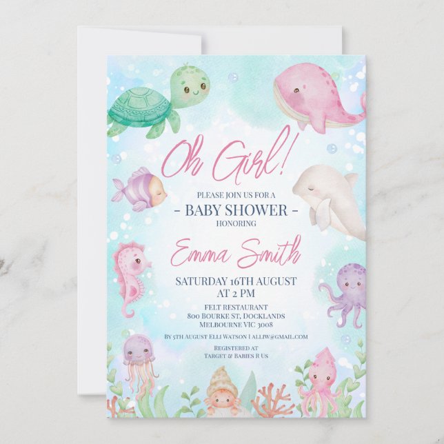 Invitación Chicas cortos bajo el mar Baby Shower (Anverso)