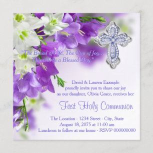 Invitación Chicas Cruz Floral Púrpura Primera Comunión