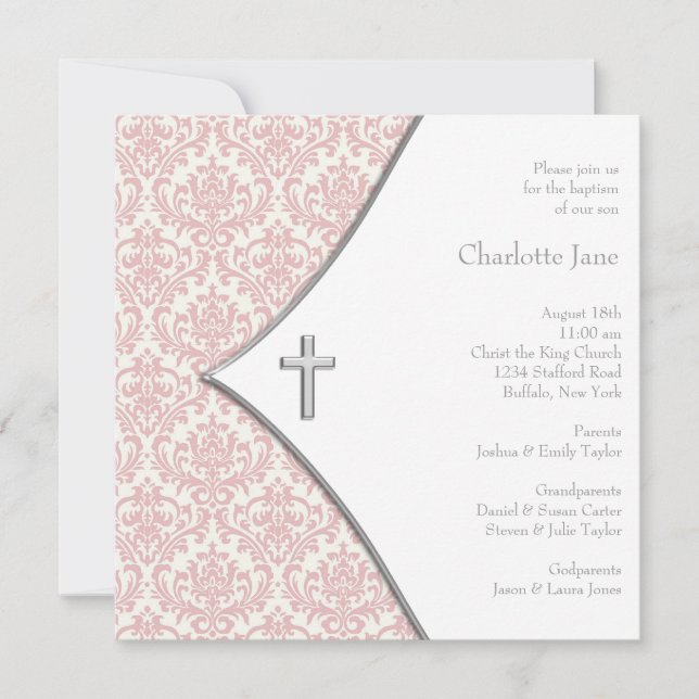 Invitación Chicas cruzados de damasco rosado bautismo bautism (Anverso)
