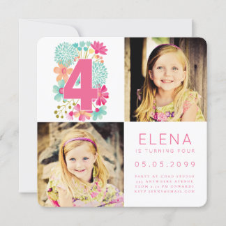 Invitación Chicas CUATRO CUARTO cumpleaños número 4