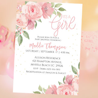 Invitación Chicas Cuidados Baby Shower Floral Oro Rosa