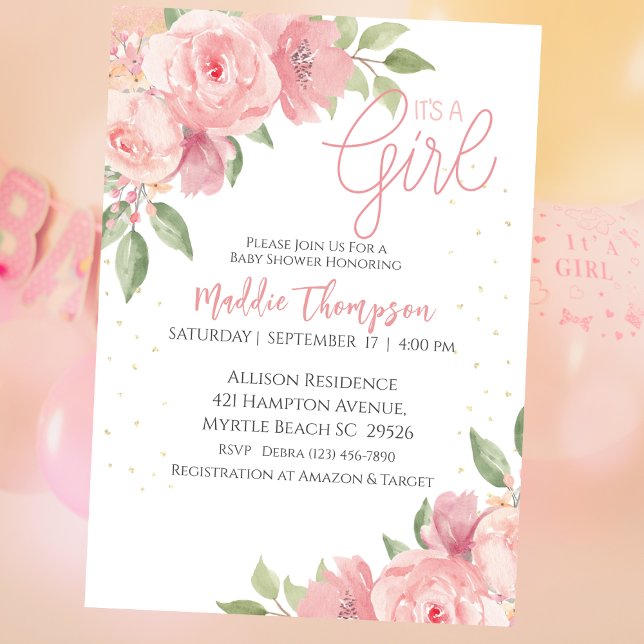 Invitación Chicas Cuidados Baby Shower Floral Oro Rosa (Subido por el creador)