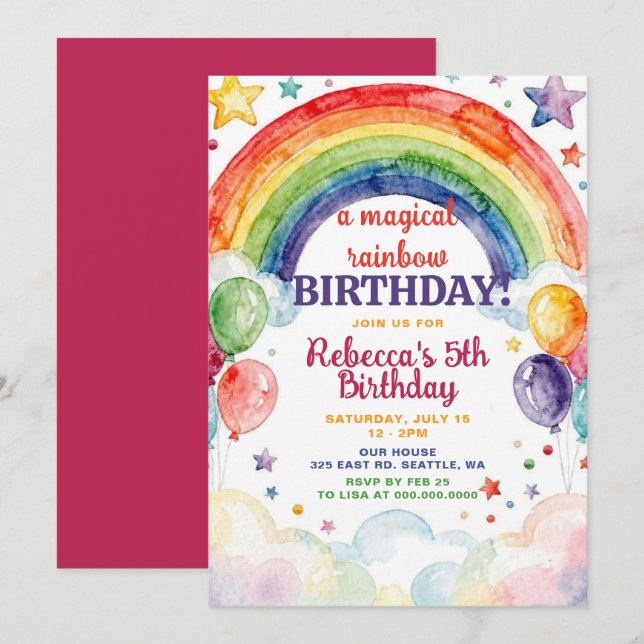 Invitación Chicas Cumpleaños Arcoíris Fiesta Arcoíris (Anverso / Reverso)