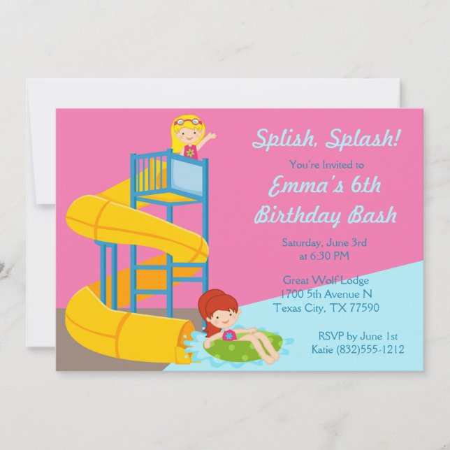Invitación Chicas: Cumpleaños - Fiesta de piscina de parque a (Anverso)