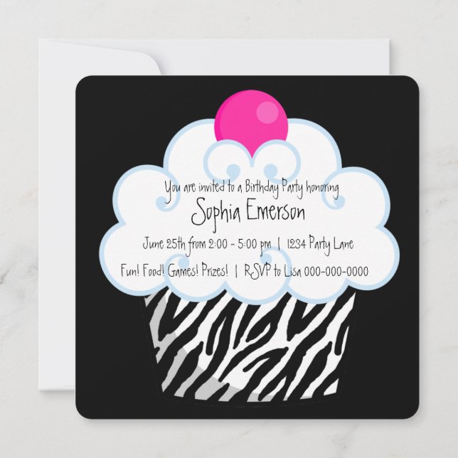 Invitación Chicas Cupcake Cumpleaños Rayas Rosa Caliente Fies (Reverso)