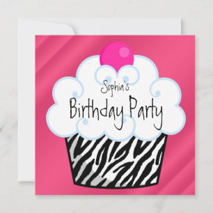Invitación Chicas Cupcake de cebra rosa brillante Fiesta de C