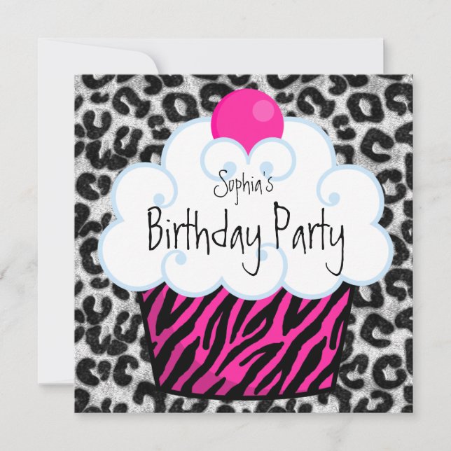 Invitación Chicas Cupcake de Cumpleaños con Cebra Rosa Brilla (Anverso)