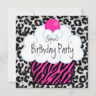 Invitación Chicas Cupcake de Cumpleaños con Cebra Rosa Brilla
