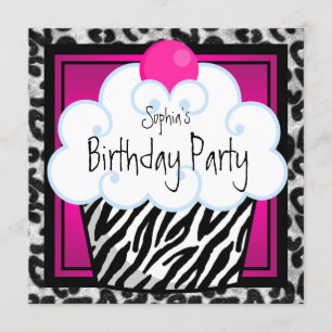 Invitación Chicas cupcakes de cumpleaños con cebra rosa calie