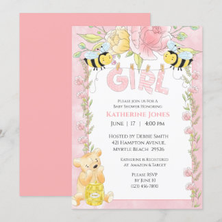 Invitación Chicas Cute Abejas y Honey Bear Baby Shower